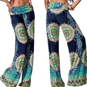 Floral Boho Harem Wide Leg Palazzo Foldover Pants, L
